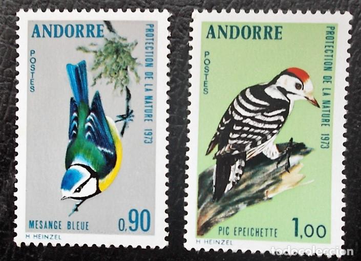 Sellos: Andorra Francesa. 232/33 P&aacute;jaros: Herrerillo y carpintero. 1973. Sellos nuevos y numeraci&oacute;n Yvert.