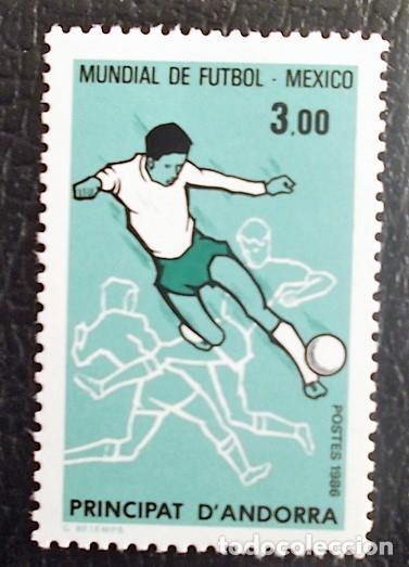 Sellos: Andorra Francesa. 350 Copa mundial de f&uacute;tbol: M&eacute;xico: Juagador en acci&oacute;n. 1986. Sellos nuevos y nume