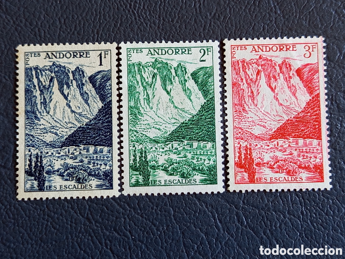 Sellos: Serie 3 Sellos Andorra Francesa 1932 Paisaje de Les Escaldes 1f, 2f y 3f Cat#45-47 MH