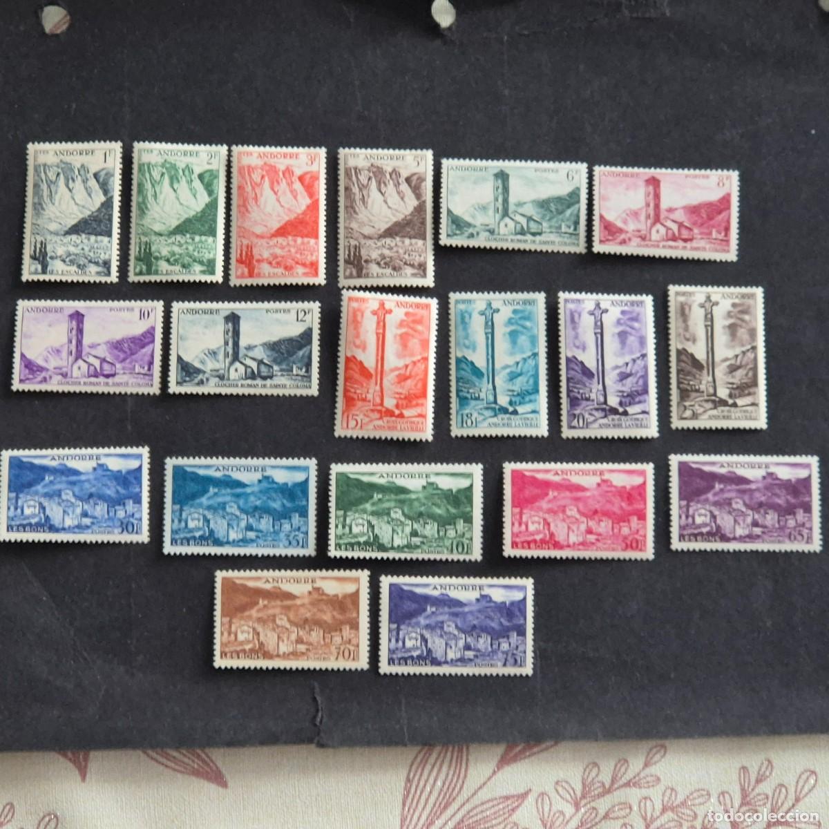 Sellos: ANDORRA, CORREO FRANC&Eacute;S, 1955-1958, PAISAJES, EDIFIL 142-160*, NUEVO, GOMA, FIJAS, LEER, ( LOTE AB )