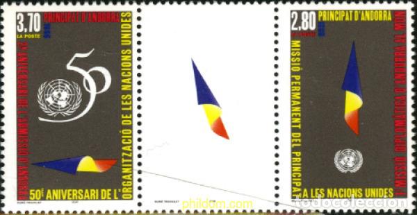 Sellos: 125576 MNH ANDORRA. Adm&oacute;n francesa 1995 50 ANIVERSARIO DE LA ONU Y 2 ANIVERSARIO DE LA ADMISION DE