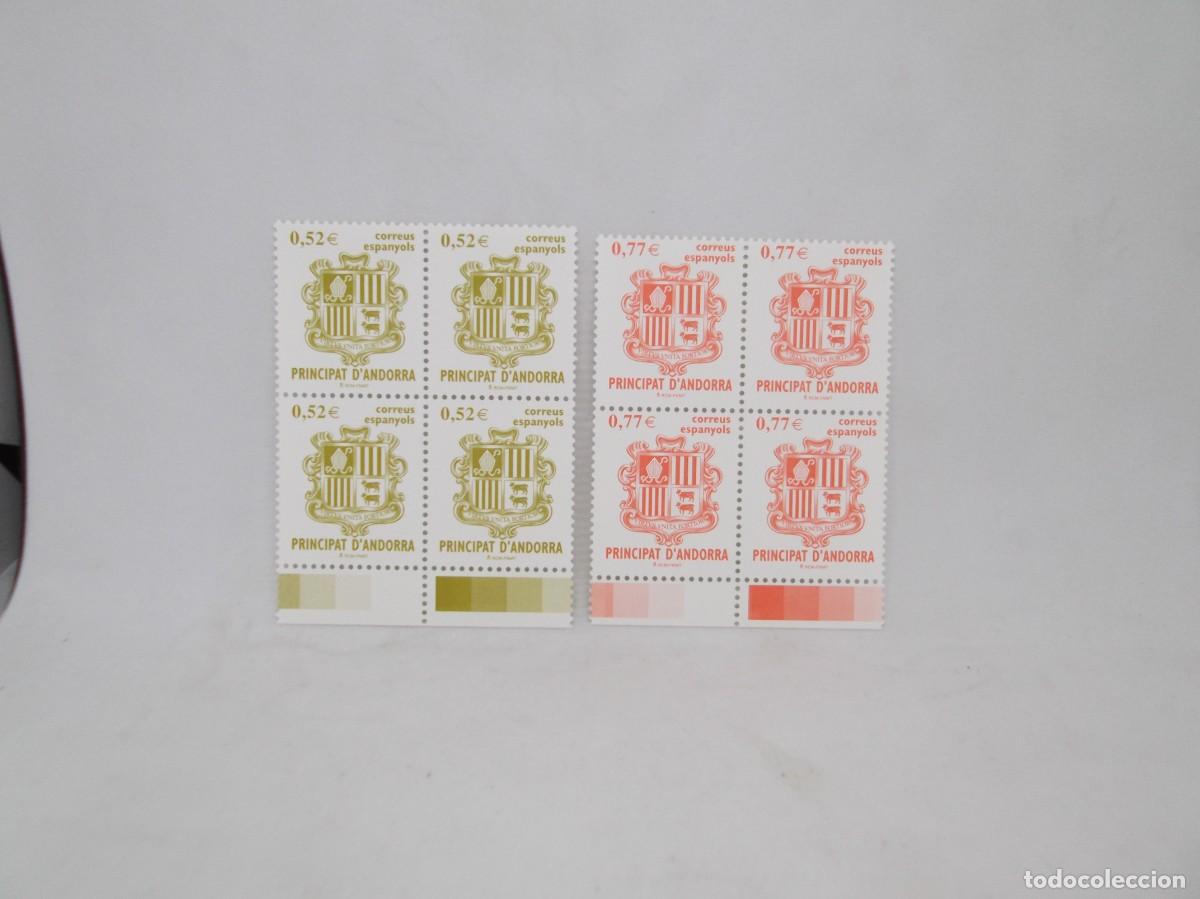 Sellos: Andorra 2004 Serie b&aacute;sica escudo.Dos bloques de cuatro nuevos