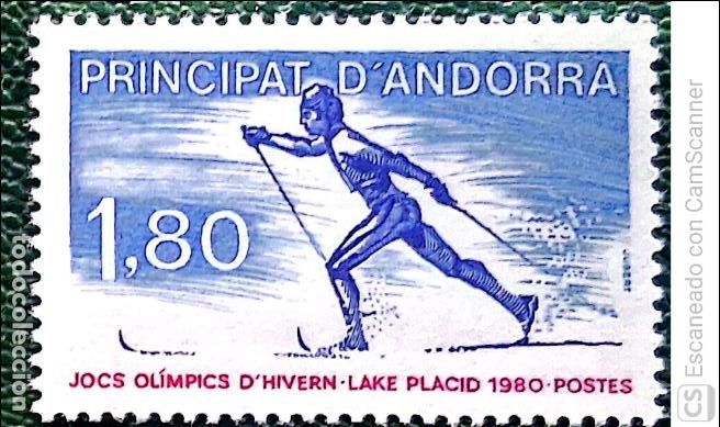 Sellos: Andorra Francesa. 283 Juegos Ol&iacute;mpicos de invierno en Lake Placid. Esquiador. 1980. Sellos nuevos y