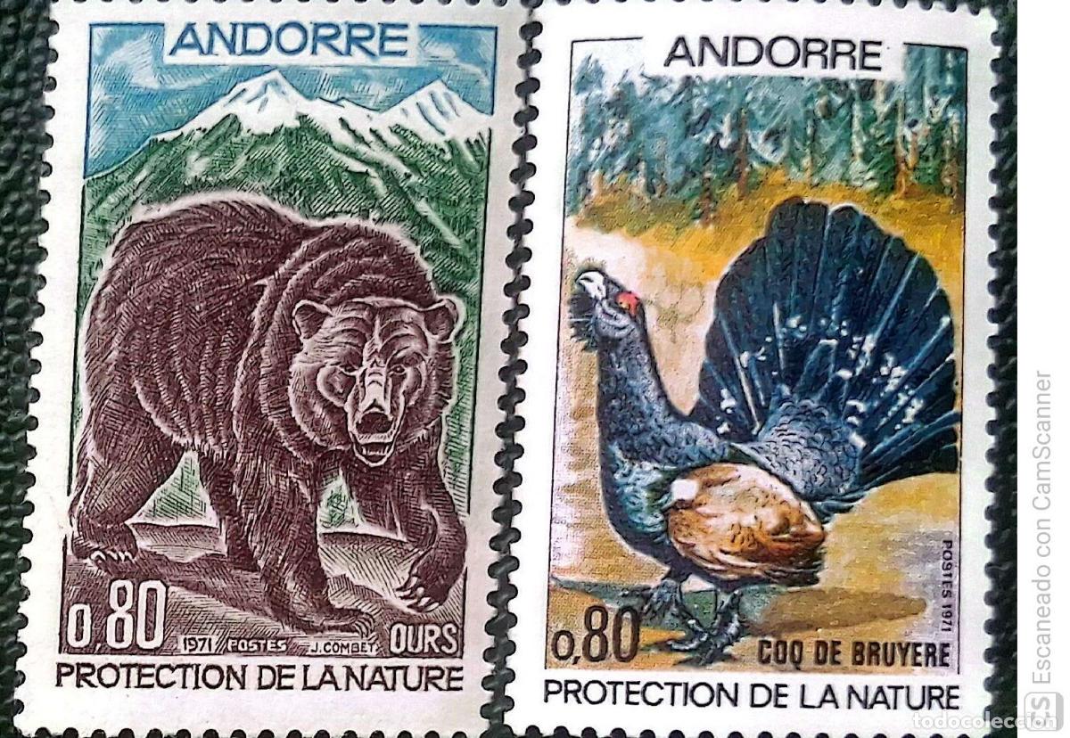Sellos: Andorra Francesa. 210/11 Protecci&oacute;n de la naturaleza:. Fauna: Oso de los Pirineos y urogallo. 1971.