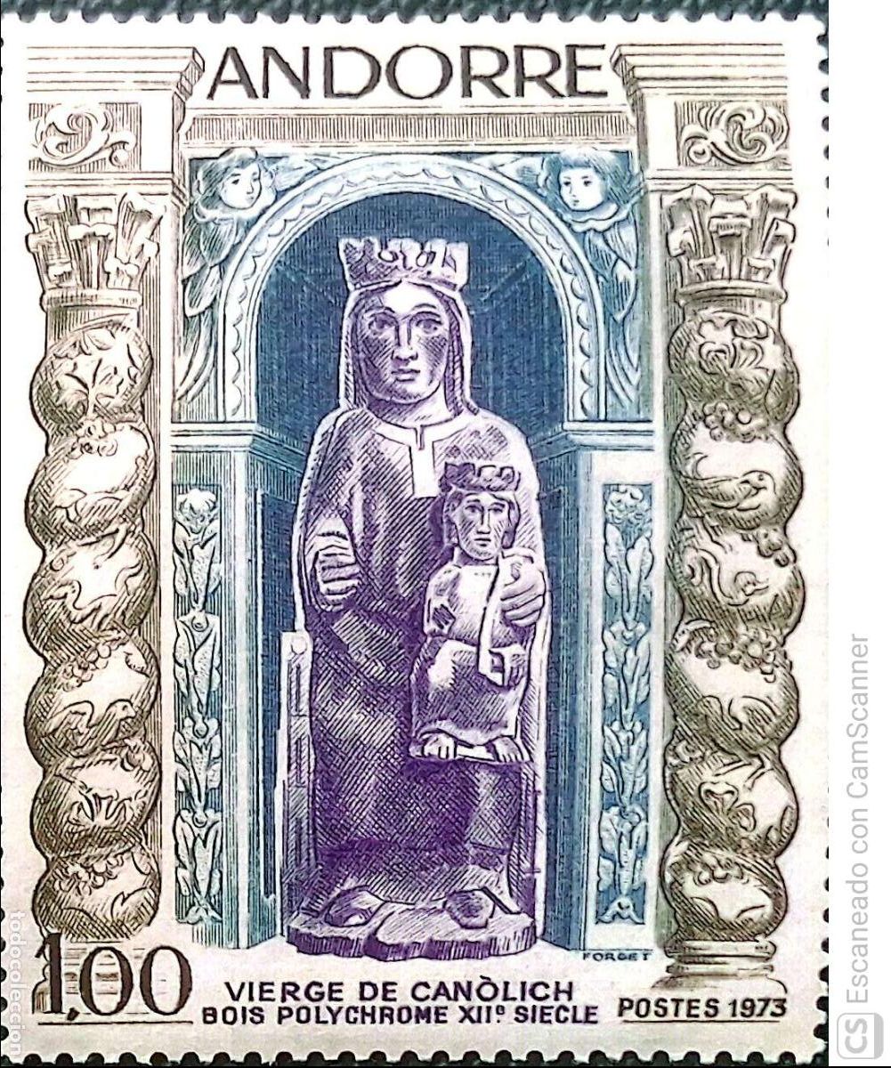 Sellos: Andorra Francesa. 228 Virgen de Canolich. Escultura de madera policromada. 1973. Sellos nuevos y num