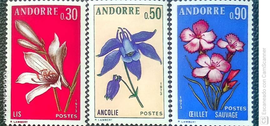 Sellos: Andorra Francesa. 229/31 Flora. Flores de los valles de Andorra (I). Lirio, aquilegia y clavel silve