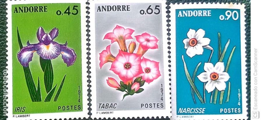 Sellos: Andorra Francesa. 234/36 Flora. Flores de los valles de Andorra (II). Iris, tabaco y narciso. 1974.