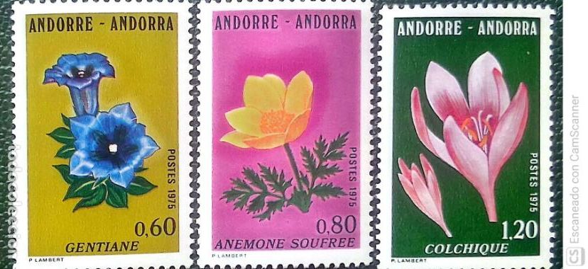 Sellos: Andorra Francesa. 245/47 Flora. Flores de los valles de Andorra (III). Gentiana, an&eacute;mora y c&oacute;lquico.