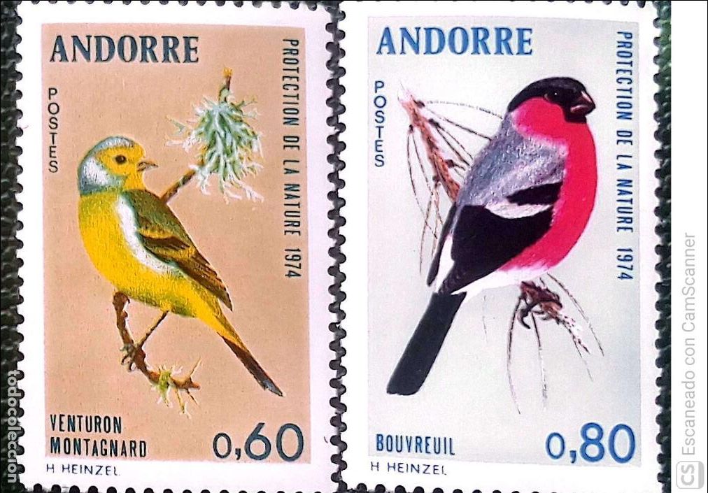 Sellos: Andorra Francesa. 240/41 P&aacute;jaros: Verder&oacute;n serrano y camachuelo. 1974. Sellos nuevos y numeraci&oacute;n Yv