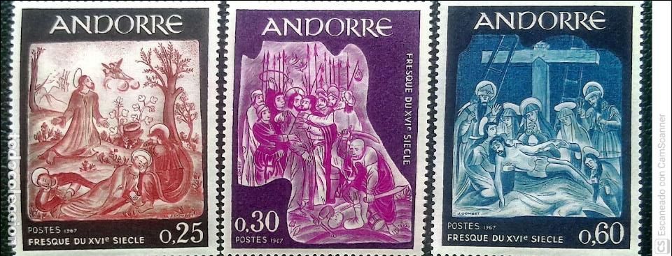 Sellos: Andorra Francesa. 184/86 Frescos de la Casa de los Valles (i). 1967. Sellos nuevos y numeraci&oacute;n Yver