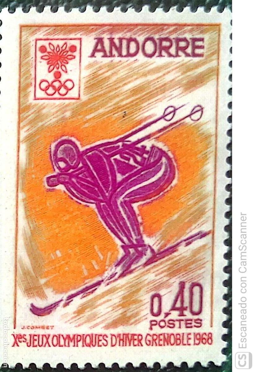 Sellos: Andorra Francesa. 187 JJ. OO. Grenoble: Descenso de esqu&iacute;. 1968. Sellos nuevos y numeraci&oacute;n Yvert.