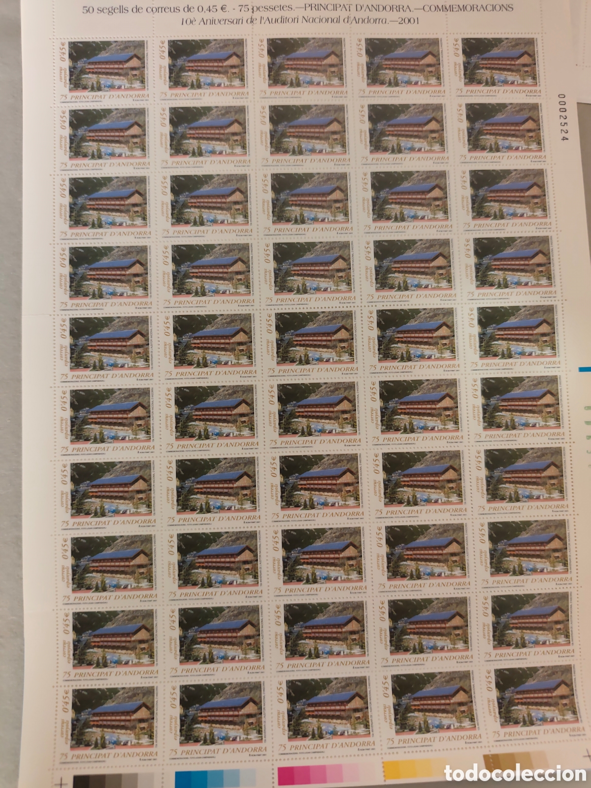 Sellos: Pliego 50 sellos Andorra 2001 0,45&euro; 10 Aniversario Auditorio Nacional Andorra