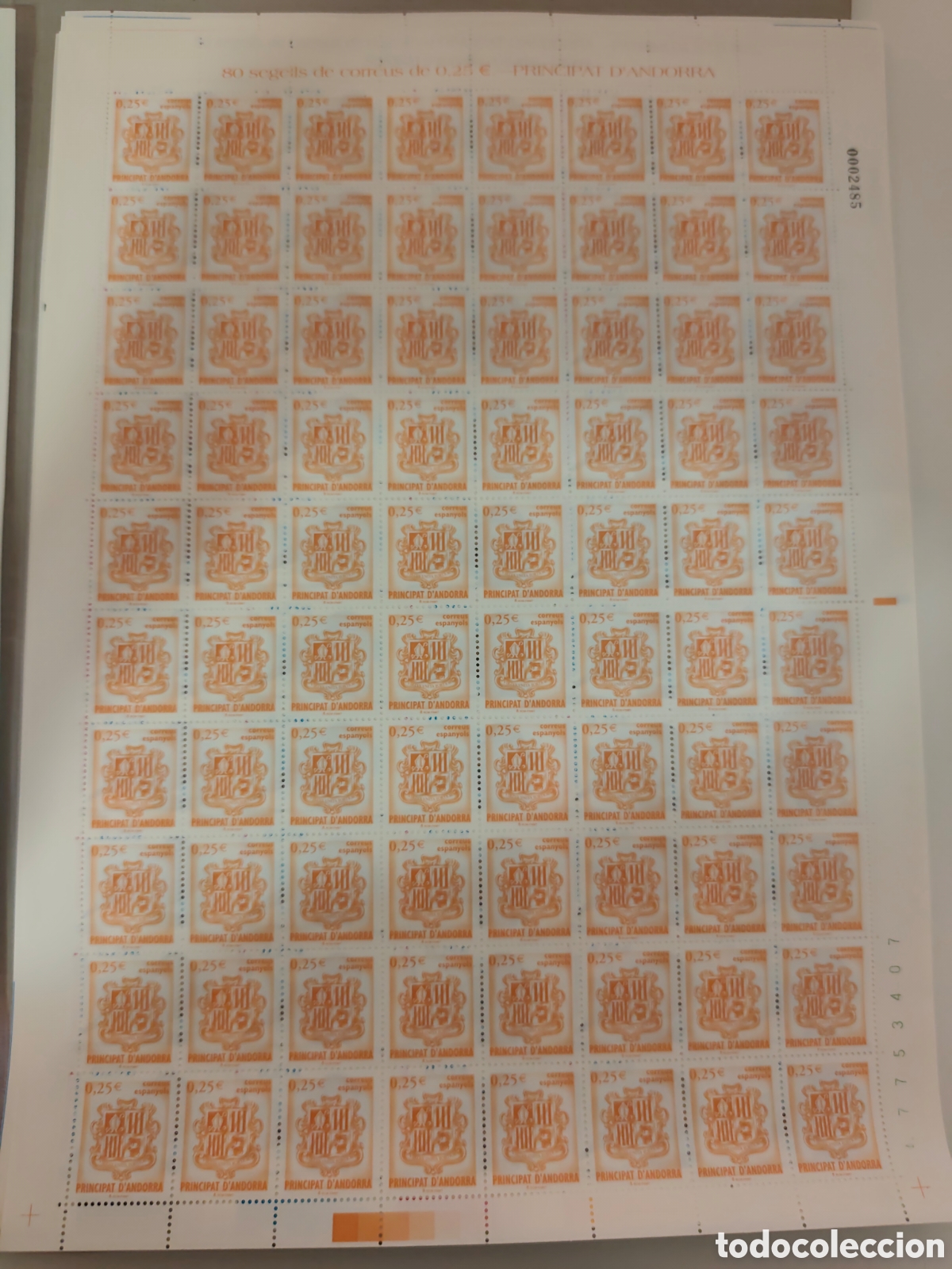 Sellos: Lotes 2 Pliegos de 80 sellos Escudo Andorra 0,25 y 0,50