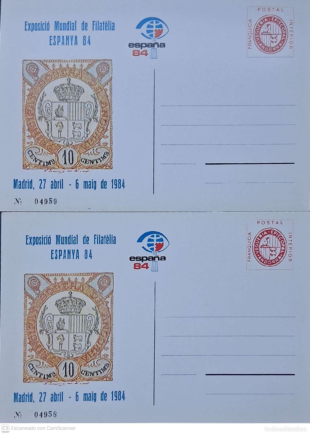 Sellos: LIQUIDACI&Oacute;N. 2 Tarjeta Postal Veguer&iacute;a Episcopal. Exp. Espanya'84. Nuevas.