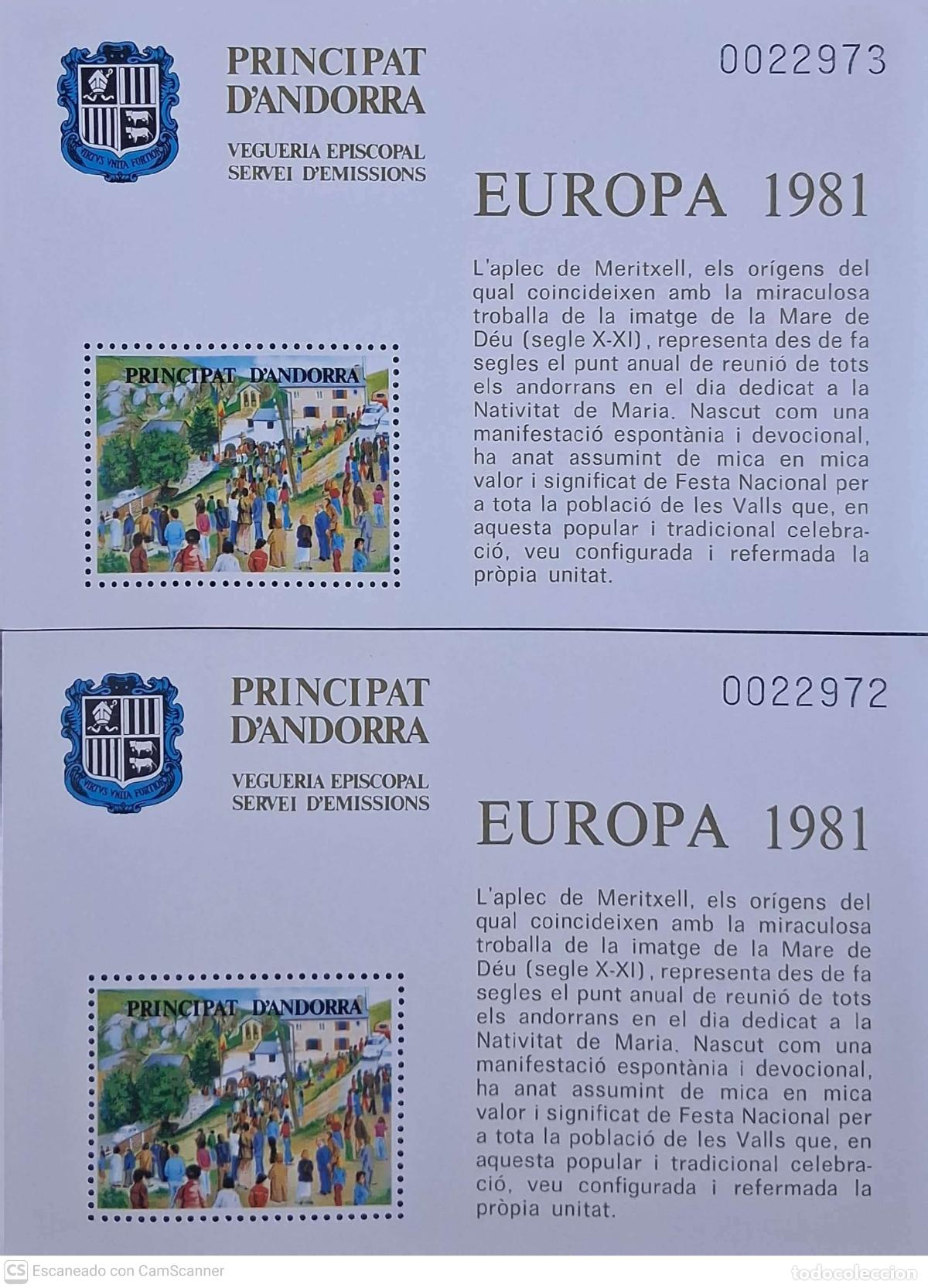 Sellos: LIQUIDACI&Oacute;N. 2 HB Veguer&iacute;a Episcopal. Europa: Aplec de Meritxell. 1981 Nuevas.