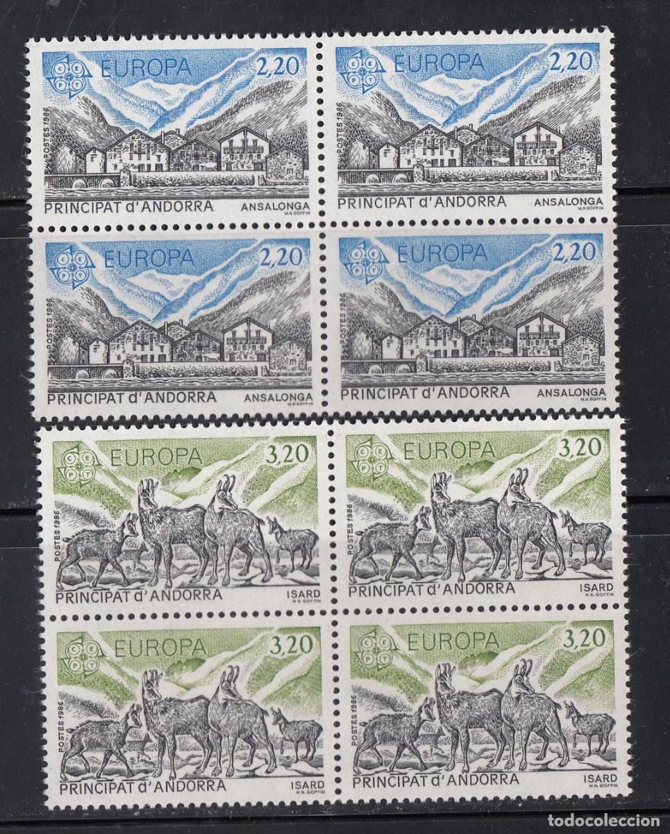 Sellos: ANDORRA FRANCESA - EUROPA 1986 NUMS. 369 - 370 BLOQUE DE 4 NUEVOS SIN FIJASELLOS