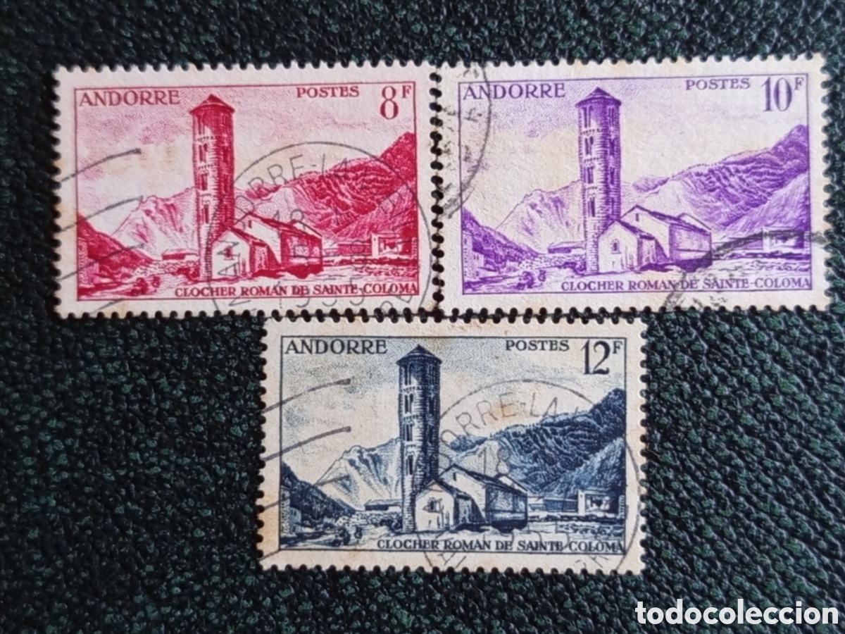 Sellos: &rdquo;Andorra francesa 1955 Clocher Sainte-Coloma 8F 10F 12F usado&rdquo;