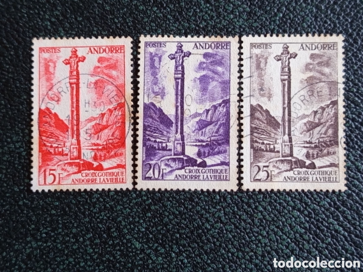 Sellos: &rdquo;Andorra francesa 1955 Croix Gothique 15F 20F 25F usado&rdquo;