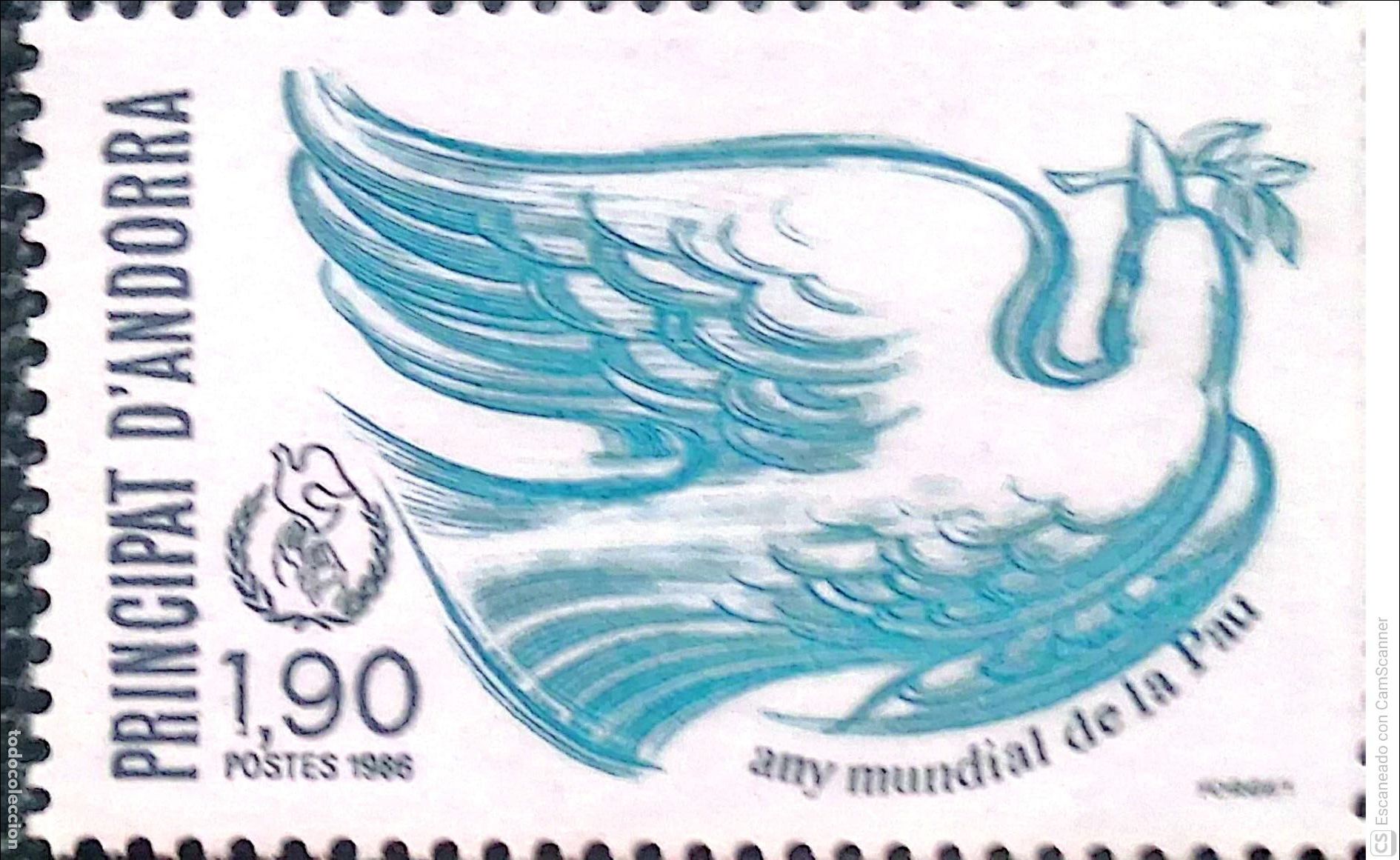 Sellos: Andorra Francesa. 353 A&ntilde;o Internacional de la Paz: Paloma con un ramo de olivo. 1986. Sellos nuevo