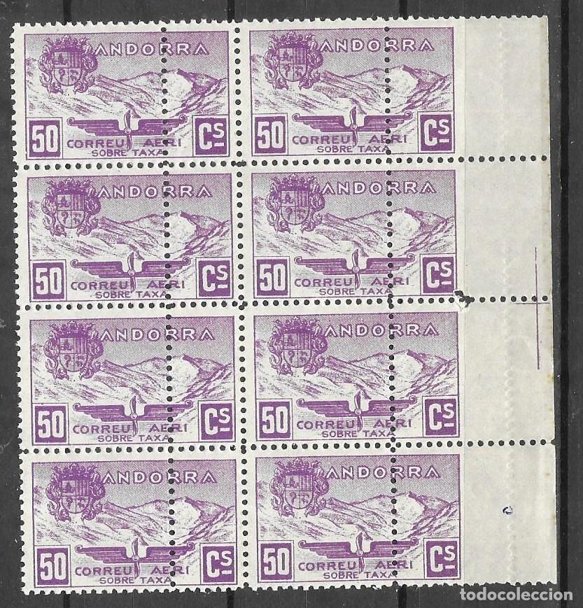 Selos: Andorra Bloque de 8 Correo A&eacute;reo 50 cts Violeta - Variedad Salto de Pliego -EDIFIL 14