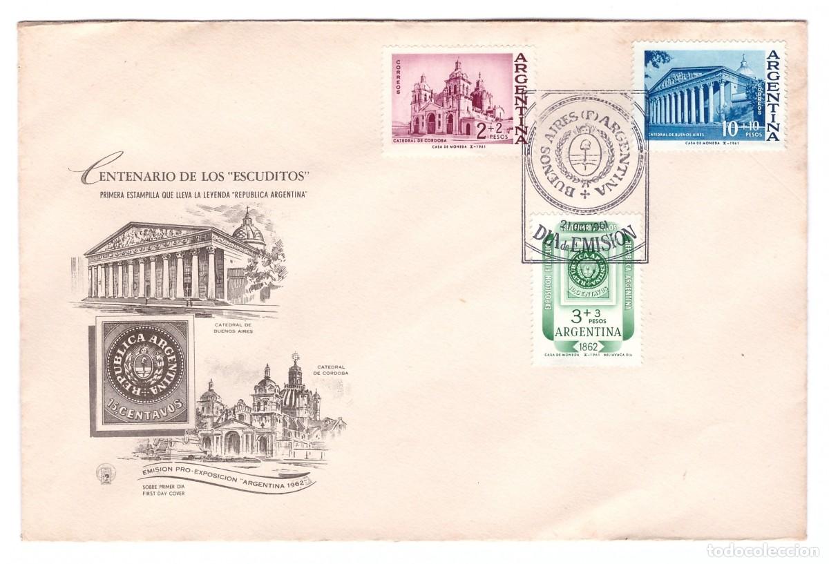 Sellos: ARGENTINA. Centenario de los &rdquo;escuditos&rdquo;. FDC (1961). - Foto 1