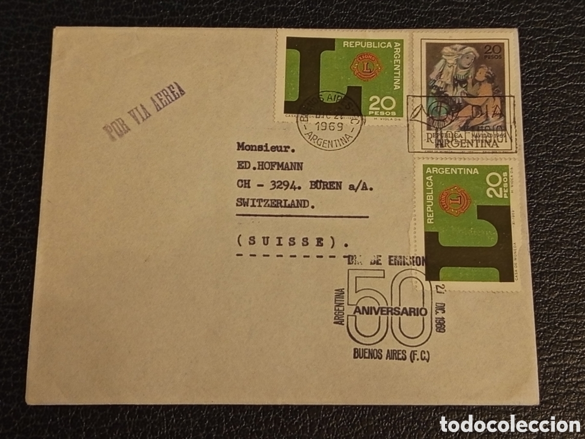 Sellos: Carta Circulada 1969 Argentina a Ed. Hofmann (Suministros Relojeros B&uuml;ren) - FDC Lions