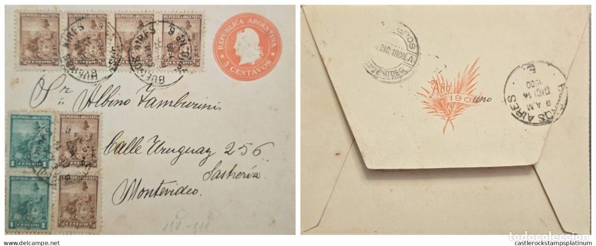 Sellos: O) 1900 ARGENTINA, ALLEGORY LIBERTY SEATED, MUTIPLE STAMPS, HEAD OF LIBERTY 5 centavos, CIRCULATED