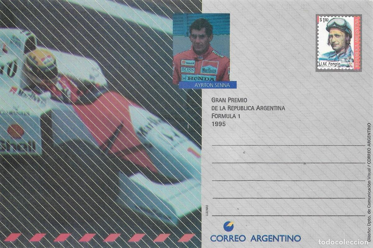 Sellos: ARGENTINA. ENTERO POSTAL. FORMULA I. GRAN PREMIO REPUBLICA ARGENTINA. AYRTON SENNA. JUAN M FANGIO