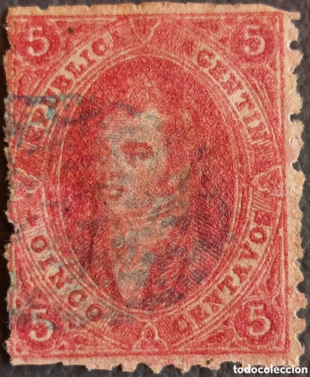 Sellos: Argentina 1865. Rivadavia 5c Carm&iacute;n, Filigrana RA. RARO MATASELLO AZUL. Cat. GJ N&deg; 25