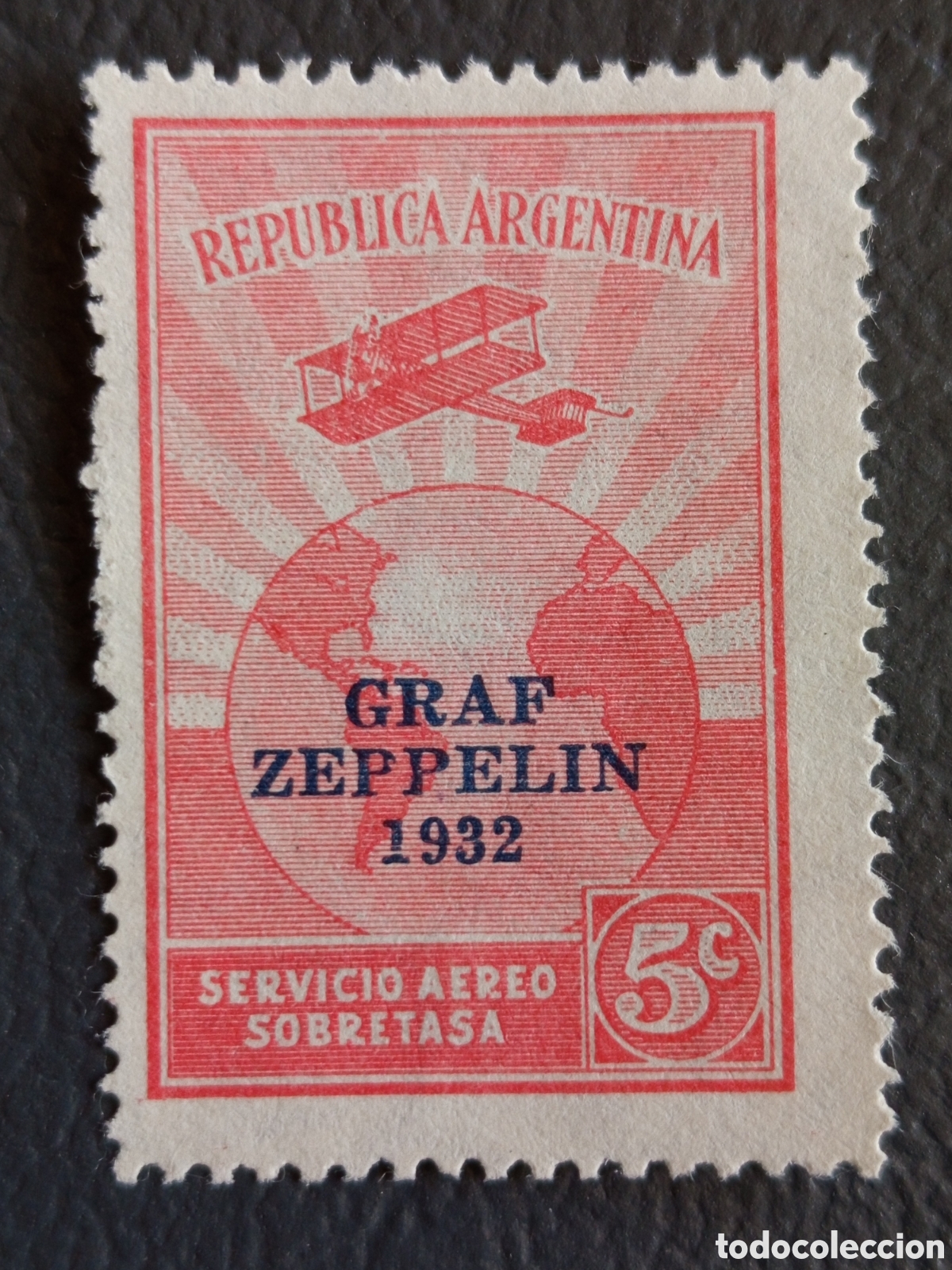 Sellos: Argentina 1932 Sello Zeppelin 5c Correo A&eacute;reo Scott C35 GJ 720 MH