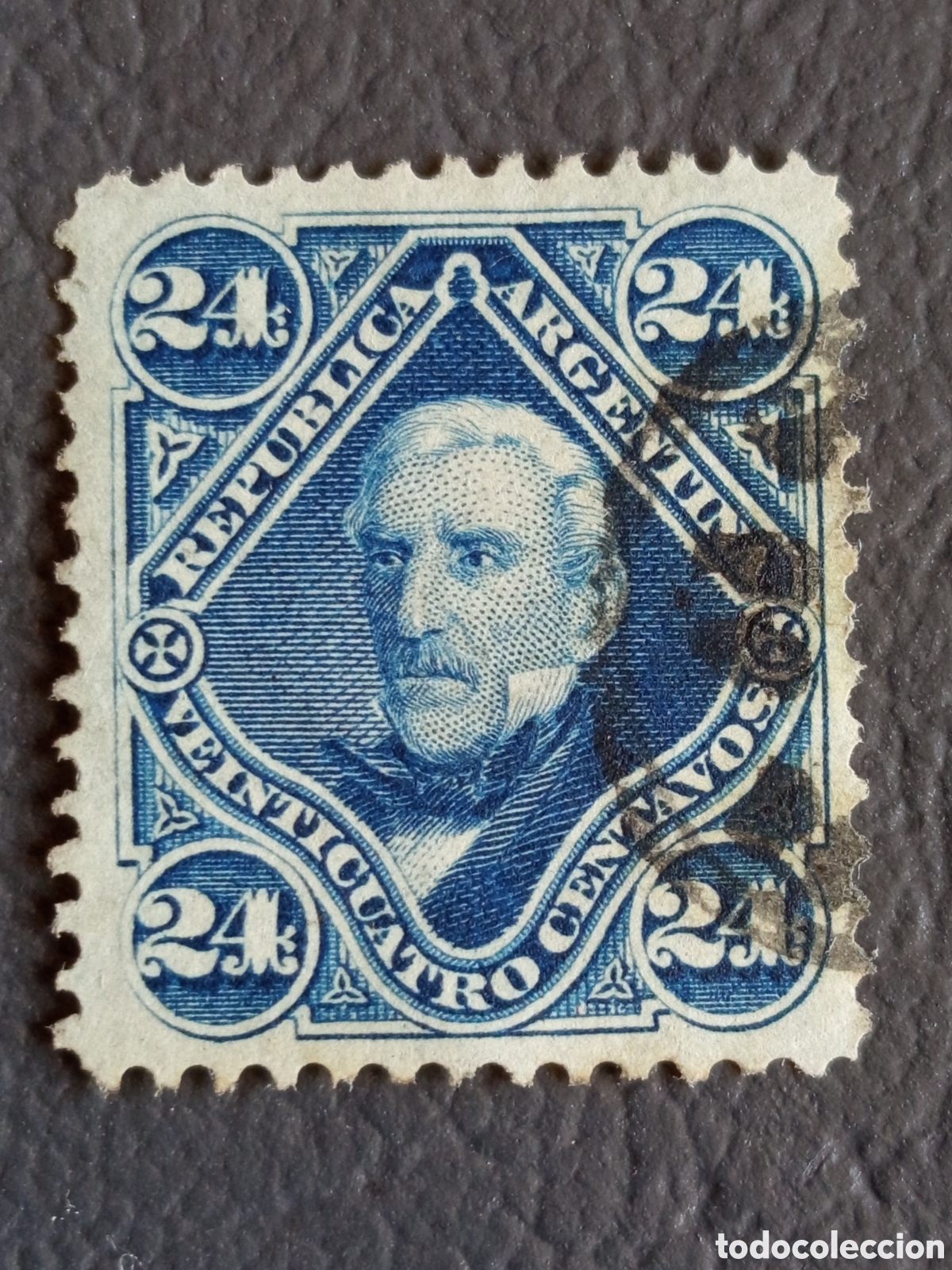Sellos: Sello Argentina 1887 San Mart&iacute;n 24c Azul Usado (Cat&aacute;logo Scott #61)