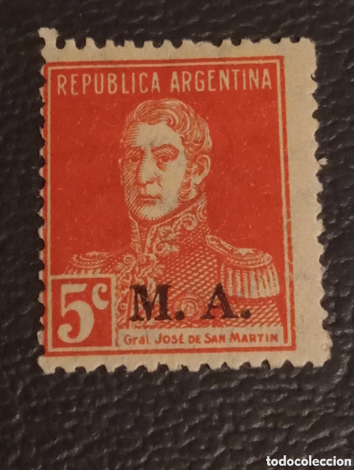 Sellos: Argentina 1923 - General San Mart&iacute;n 5c Rojo - Sobrecarga M.A. (Marina)