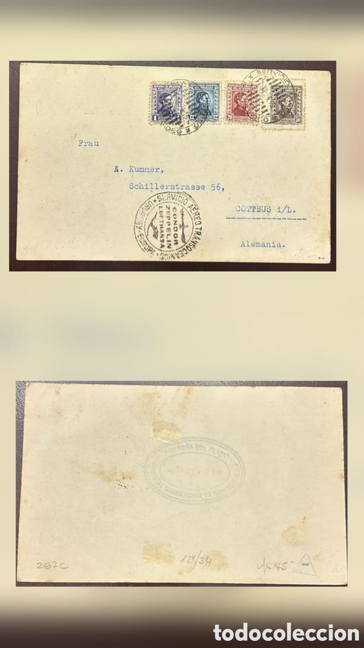 Sellos: CA)Argentina. 1934 .Zeppelin Airmail.Historic envelope sent from Mar del Plata to Cottbus, Germany,