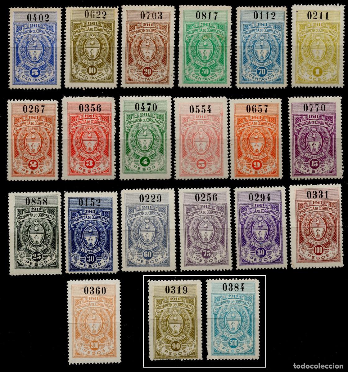 Sellos: Argentina Prov de Corrientes, fiscales, revenues, 21 sellos de la serie de 1911, dos sin catalogar