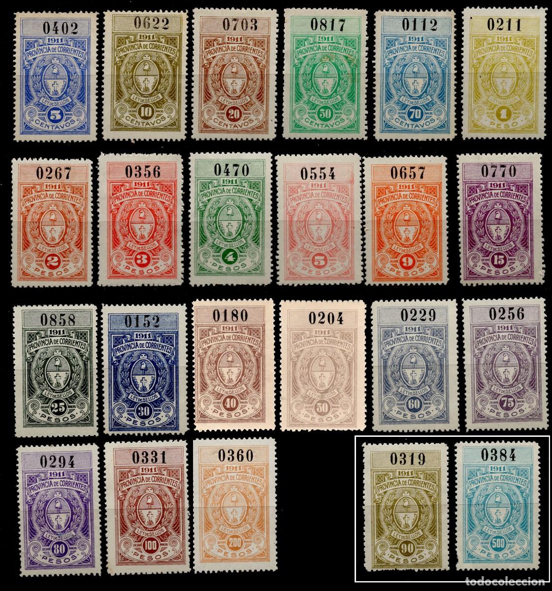 Stamps: Argentina Prov de Corrientes, fiscales, revenues, 23 sellos de la serie de 1911, dos sin catalogar