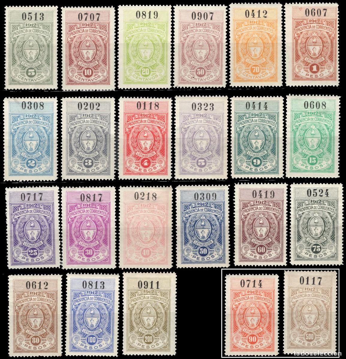 Sellos: FISCALES, Argentina Prov. Corrientes, 1912, 22 sellos, con 90 y 500 p. no catalogados