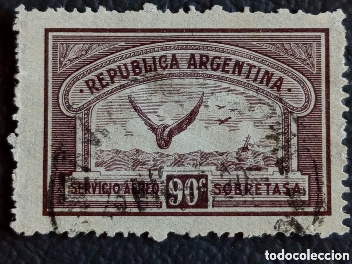 Briefmarken: Argentina 1928 A&eacute;reo Sobretasa Gaviota 90 Centavos Marr&oacute;n Usado Scott C3