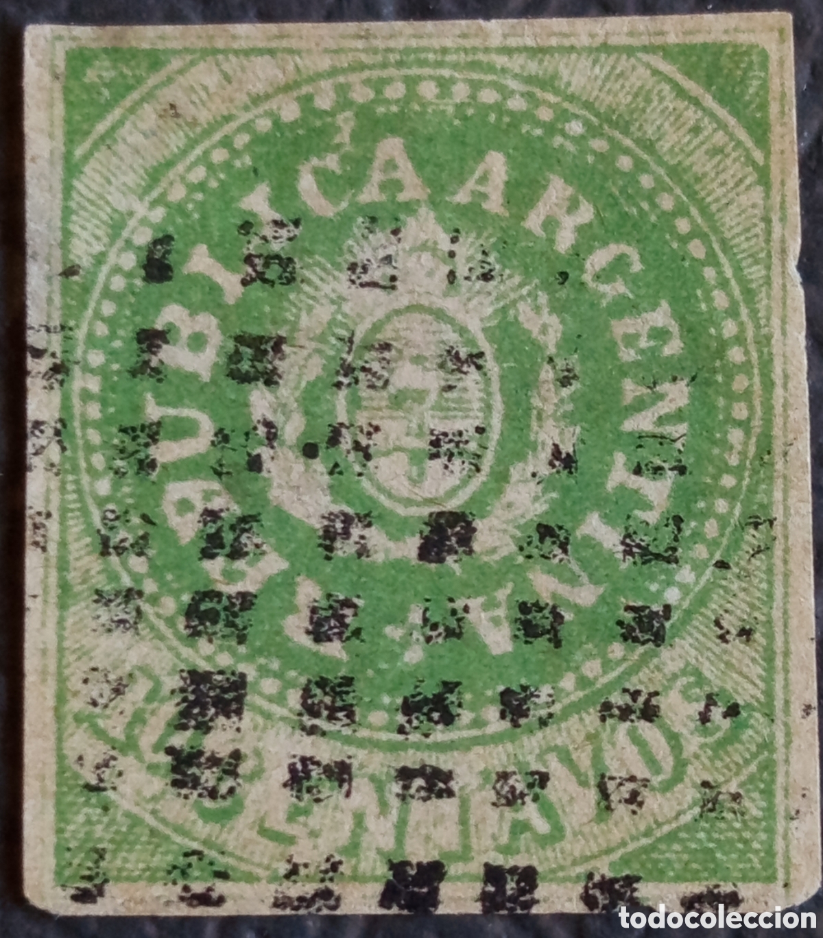 Sellos: Argentina 1862 Scott #5 GJ #7 5 Centavos Verde Escudito Imperforate