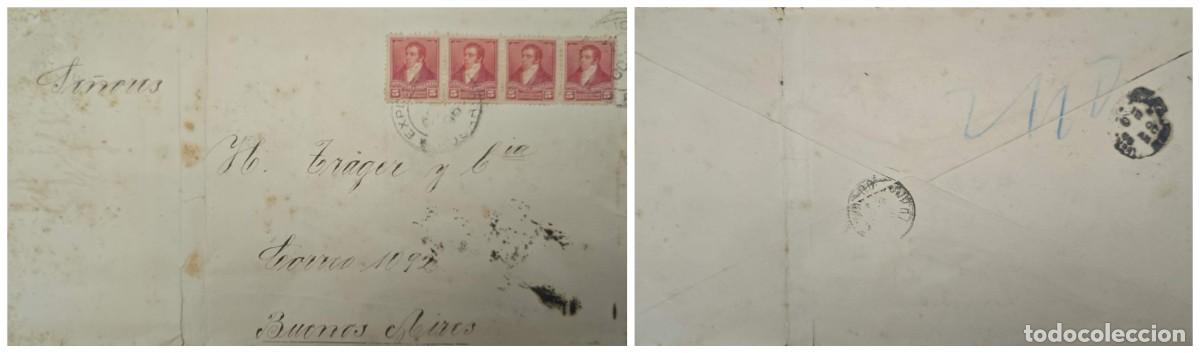 Sellos: O) 1896 ARGENTINA, RIVADAVIA SCT 96 5c carmine, STAMPS IN STRIP, CIRCULATED COVER TO BUENOS AIRES