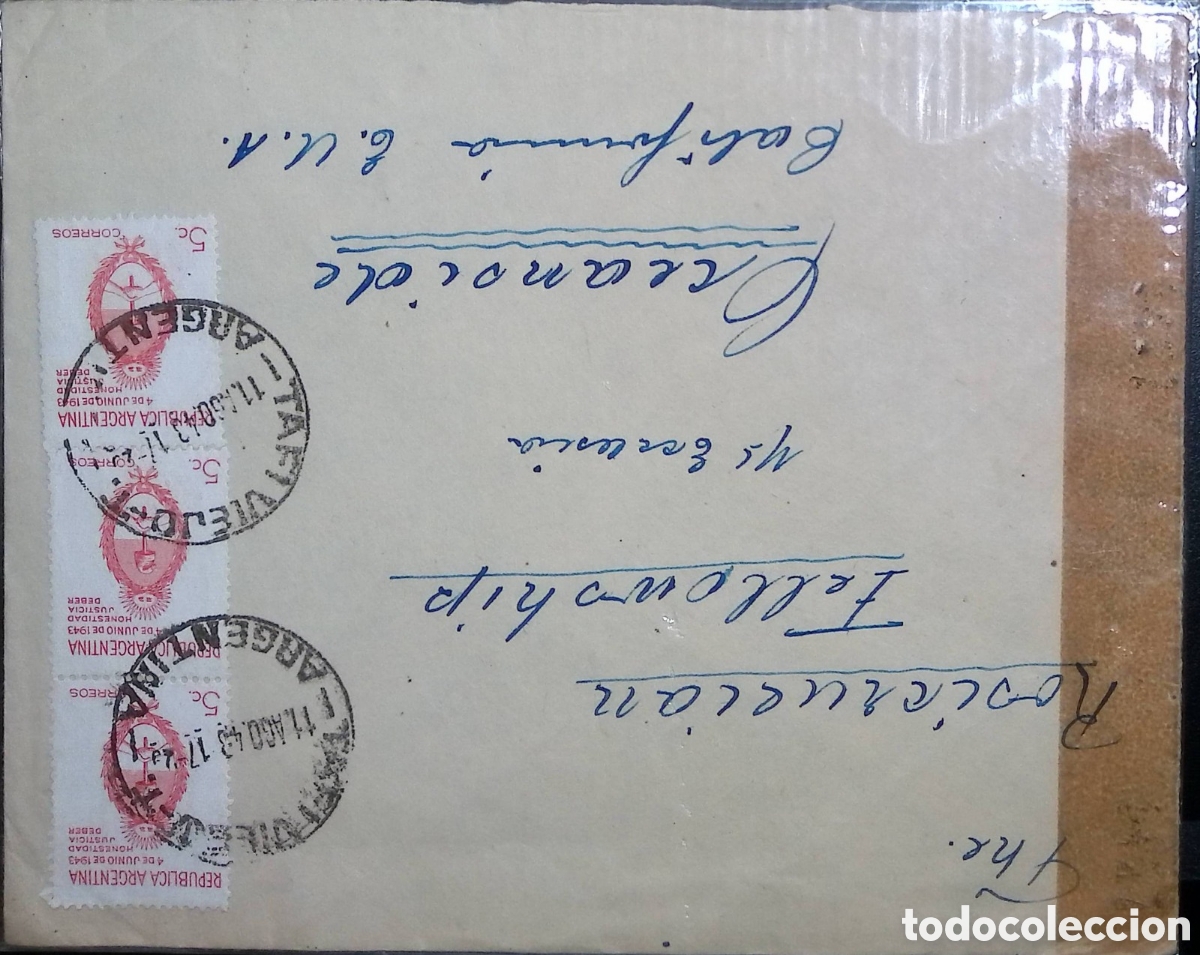 Sellos: CA)Argentina &middot; 1949 &middot; Postal History &middot; Vintage envelope franked with two 5‑cent red stamps inscribed