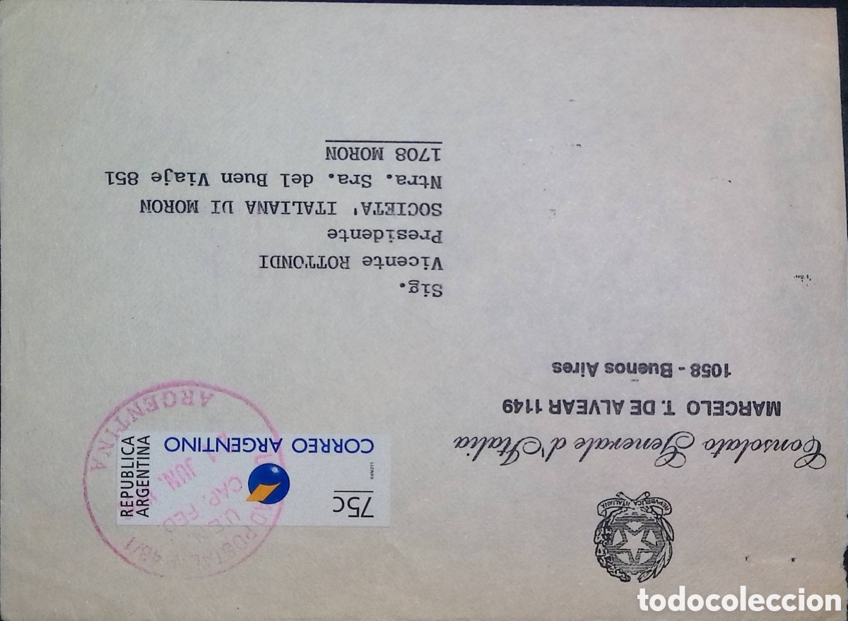 Sellos: CA)Argentina &middot; 1970s &middot; Diplomatic Correspondence &middot; Official envelope franked with 75‑cent &ldquo;Correo Ar