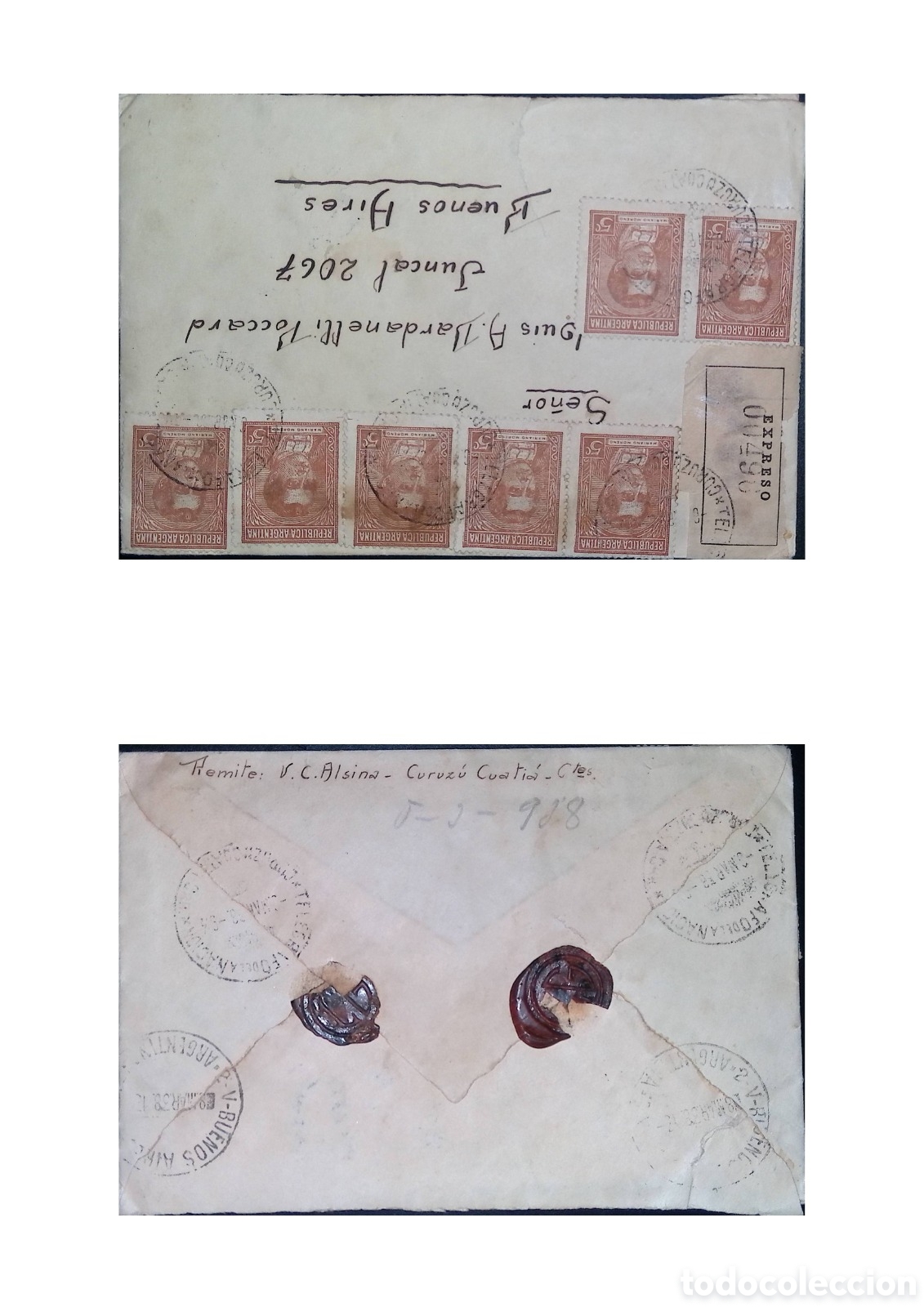 Sellos: CA)Argentina &middot; 1928 &middot; Express Mail Service &middot; Envelope franked with multiple 5‑cent reddish‑brown sta