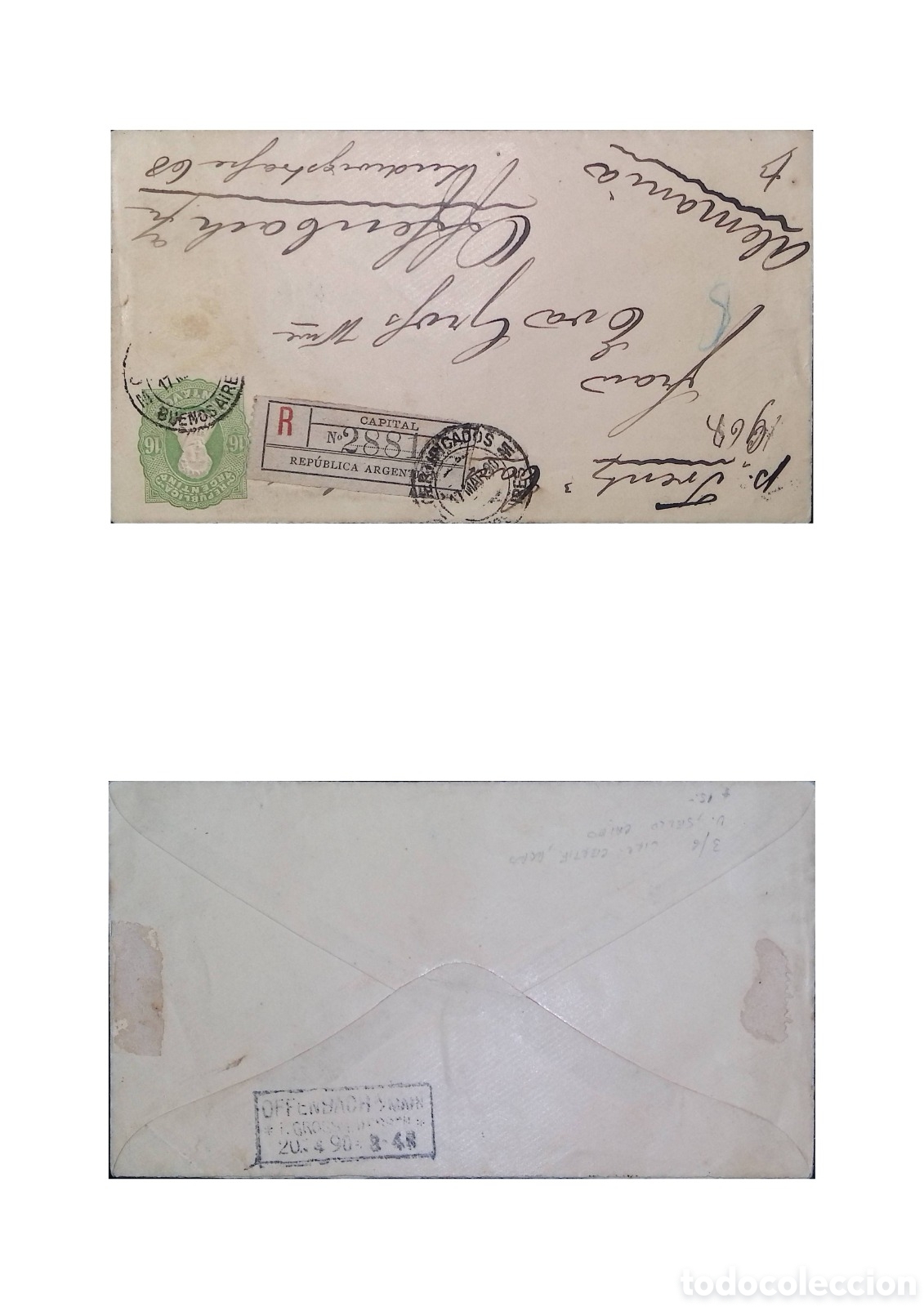 Sellos: CA)Argentina &middot; 1890 &middot; Registered Mail &middot; Green 91‑centavos stamp inscribed &ldquo;REP&Uacute;BLICA ARGENTINA,&rdquo; can