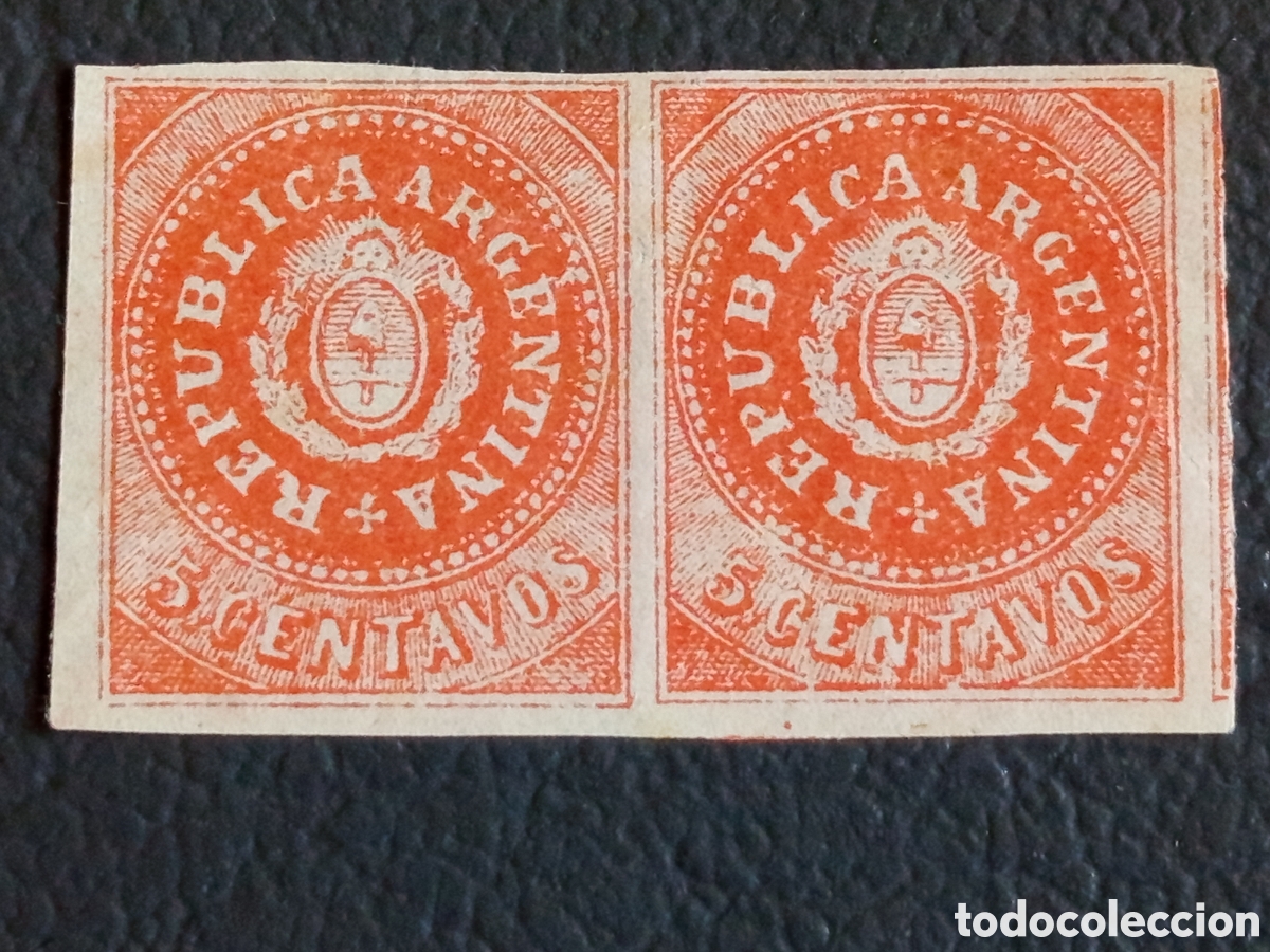Sellos: Pareja Argentina 1892 Escudo Rivadavia 5c Impresi&oacute;n Reverso Mi. 76I MH
