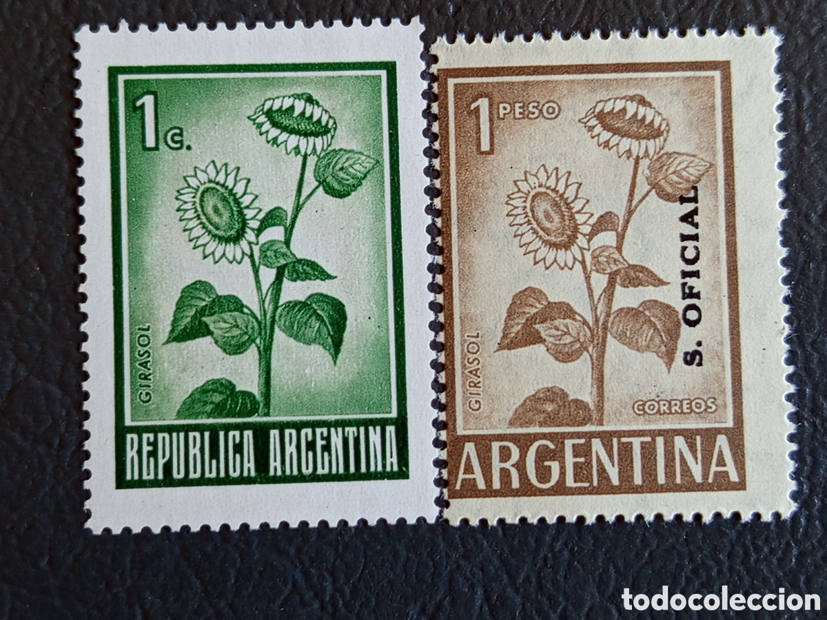 Sellos: Lote 2 Sellos Argentina 1953/56 Girasol 1c Verde y 1 Peso Marr&oacute;n con Sobrecarga S. OFICIAL MNH.