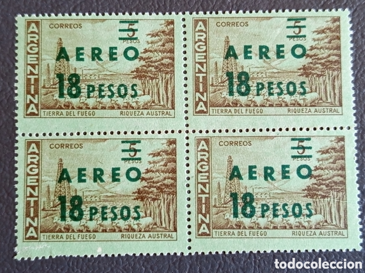 Sellos: Bloque 4 Argentina 1960 A&eacute;reo 18p S/ 5p Tierra del Fuego Yvert 122 MNH.