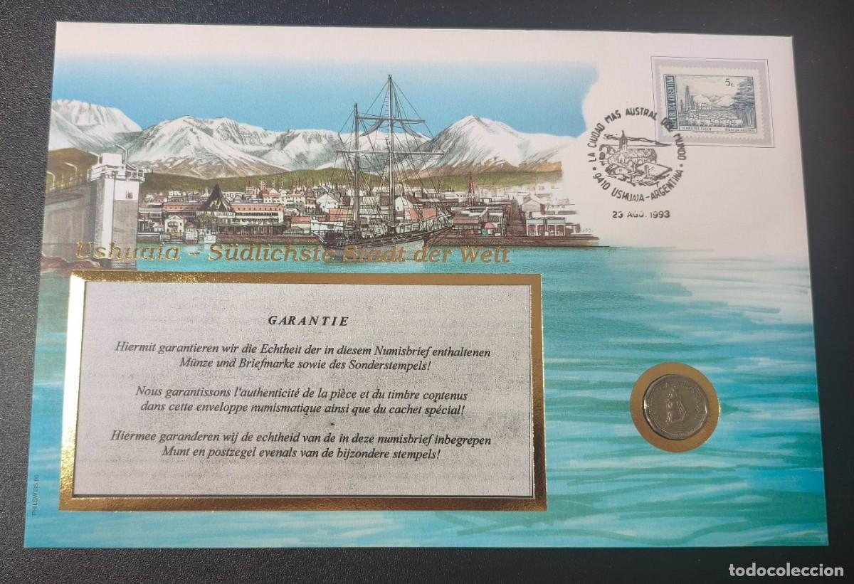 Sellos: Tarjeta postal Ushuaia con su timbre y moneda de argentina 1993 (EBC+)