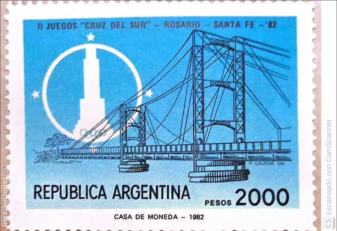 Sellos: Argentina. 1323 2&ordm; Juegos Cruz del Sur, en Rosario y Santa F&eacute;. Emblema de los Juegos y puente de San