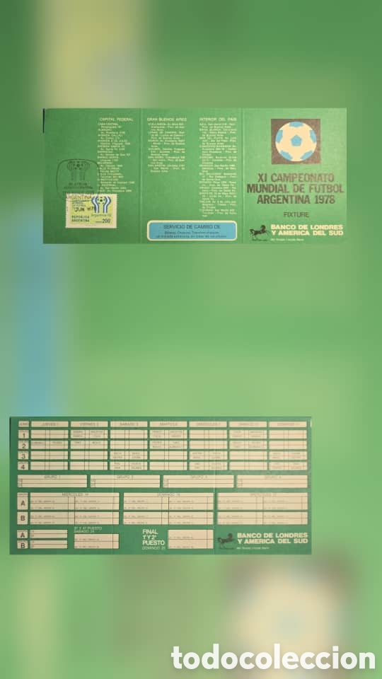 Sellos: CA)Argentina + 1978 + World Cup + Green printed fixture card issued for the XI FIFA World Cup held i