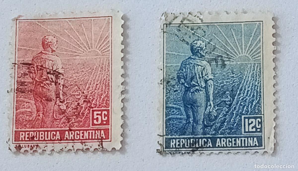 Sellos: Sellos Argentina 1911 Granjero y sol naciente. Firma en el margen inferior izquierdo J.M. LUBARY